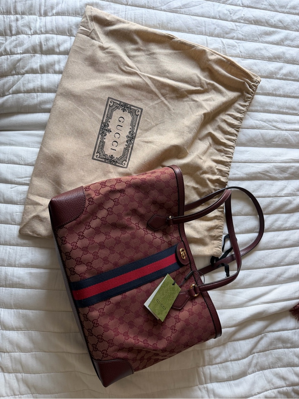 Gucci Burgundy GG Canvas Tote with Navy and Red Web Stripe